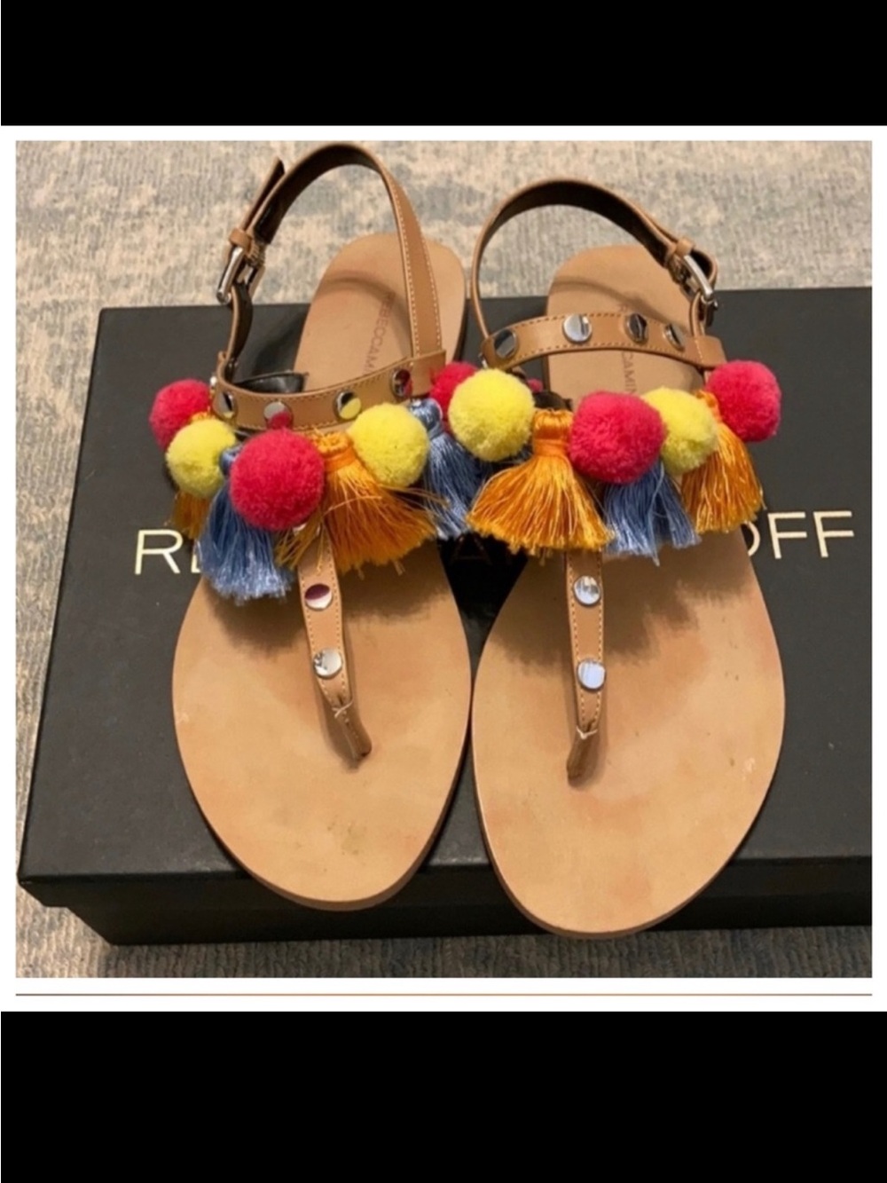 Rebecca Minkoff Estelle Pom Pom Tassel T Strap Slide Flat Buckle Sandal Sz 9 EUC